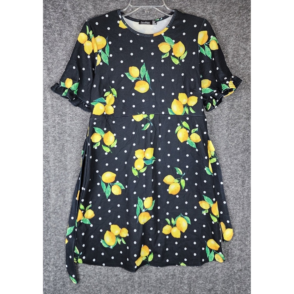 Boohoo Dress Womens 8 Lemon Polka Dot Black Ruffle Belted EUC